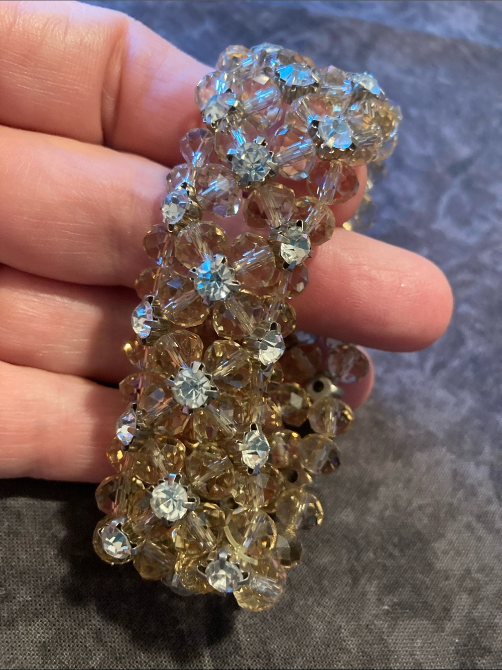 Gorgeous Rhinestone & Pale Gold Faceted Bead Flower Stretch Bracelet